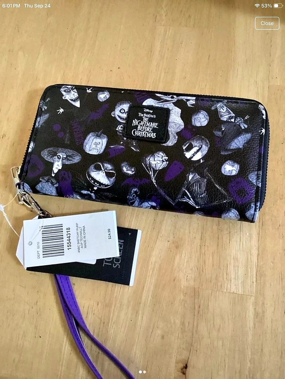 Disney The Nightmare Before Christmas Zip Wallet in Black & Purple NWT
